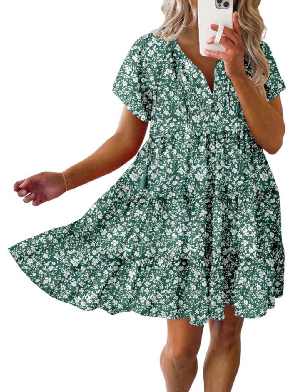Women's Summer Boho Floral Dress V Neck Green Short Sleeve Sundresses Flowy